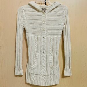 Arizona Women's Juniors Long Sleeve Button Pullover Hooded Knit Sweater Cream M